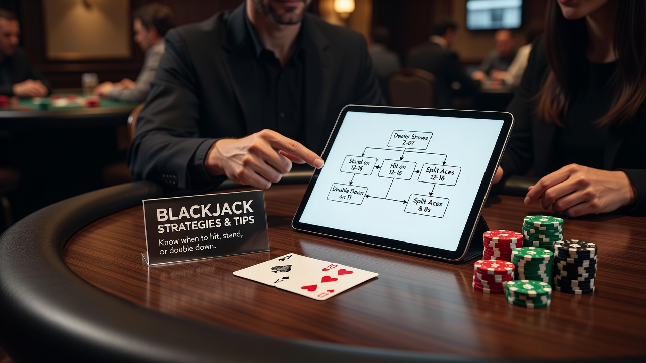 Close-up of blackjack strategy chart with player decisions highlighted