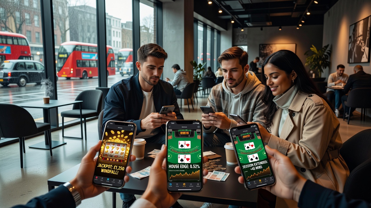 Mobile screen displaying house edge percentages across different loyalty tiers for blackjack alongside slot win notifications