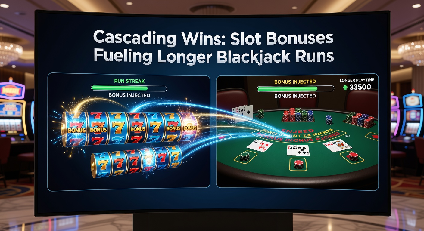 Split-screen graphic of slot cascades exploding with wins on one side and a blackjack hand hitting 21 on the other, overlaid with bonus credit icons flowing between them