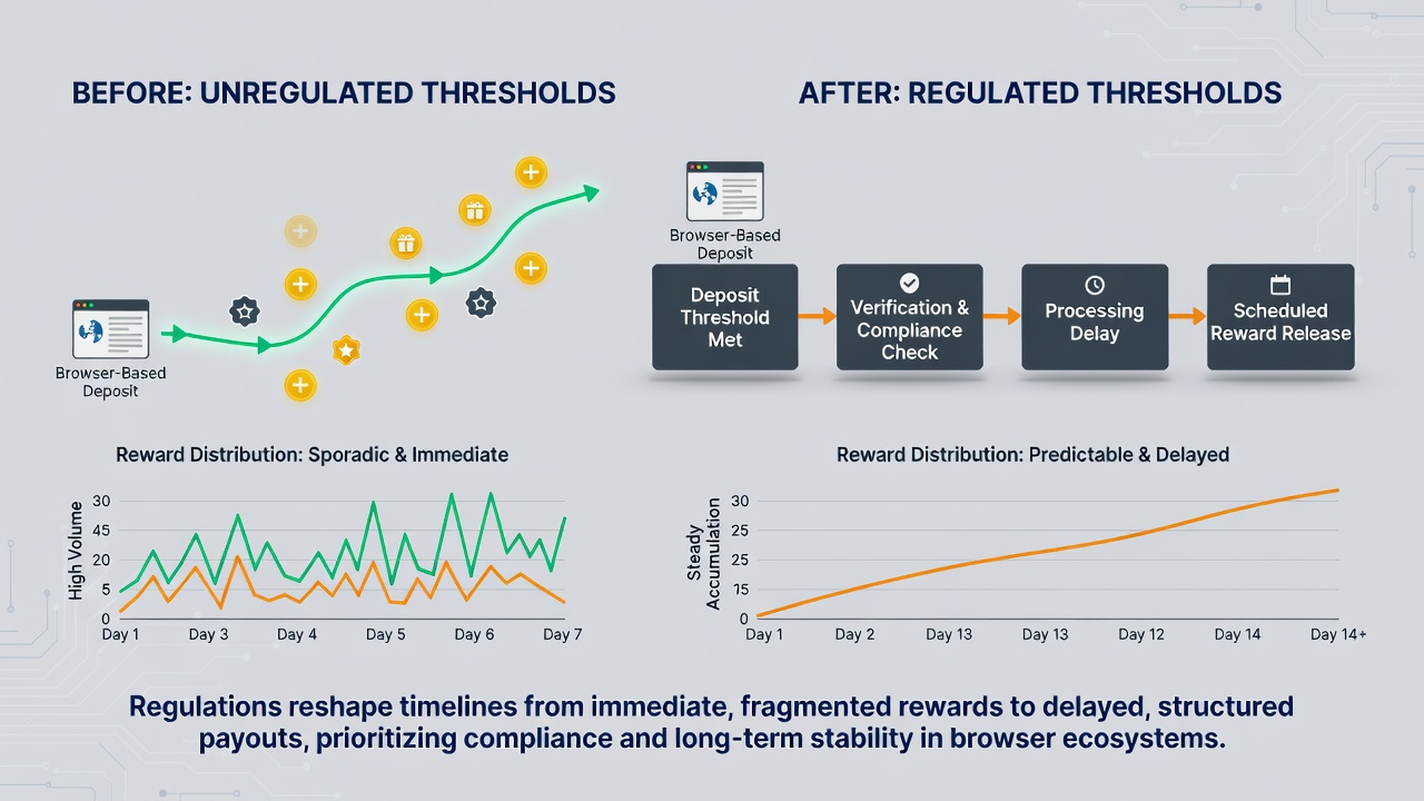 Timeline graphic illustrating reward distribution delays due to deposit regulations on online entertainment platforms