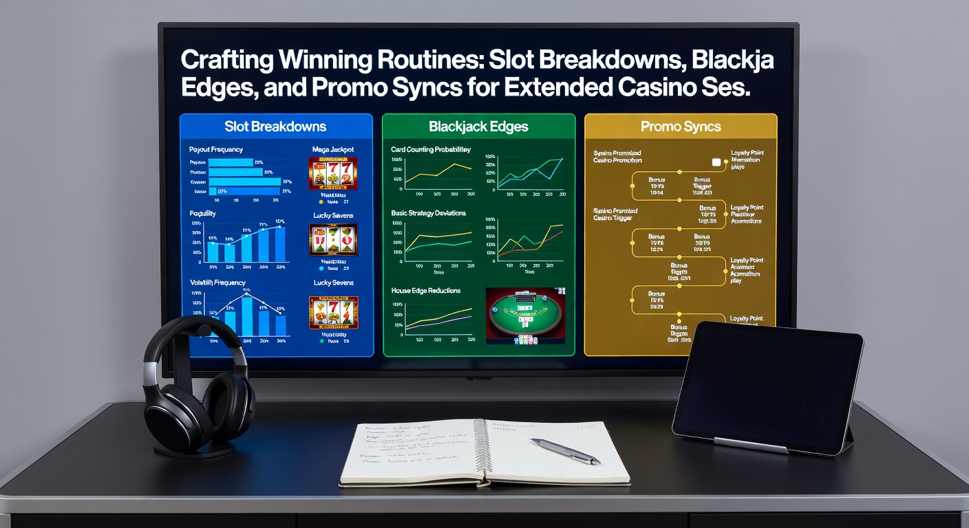 Close-up of a blackjack hand with strategy chart overlay, next to a slot screen displaying synced promotional credits