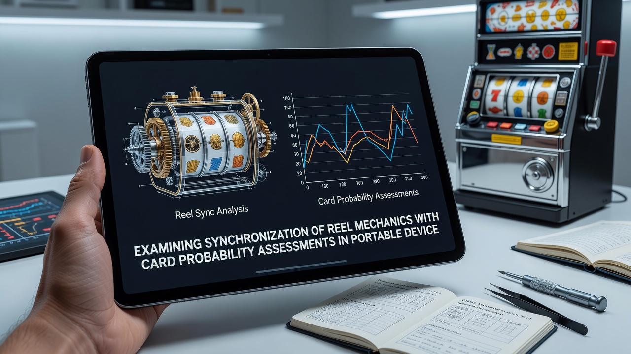 Close-up view of probability calculation dashboard on a tablet showing reel and card sync metrics