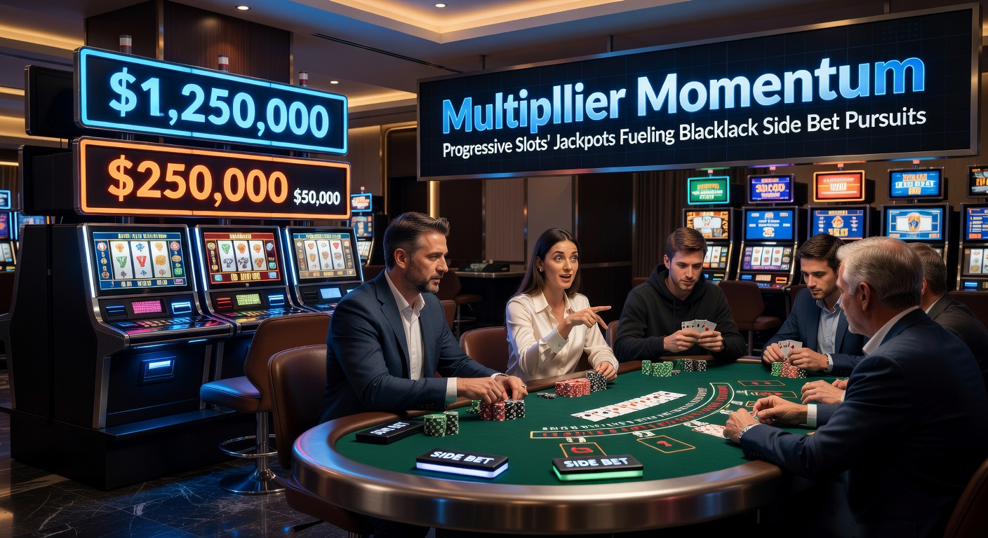 Dynamic split-view of a glowing progressive slot jackpot exploding into coins, transitioning to a blackjack hand lighting up with a winning side bet multiplier, symbolizing the seamless flow between games