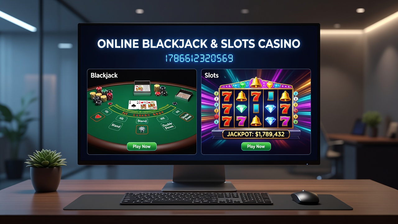 Split screen showing live blackjack dealer view and slot game symbols with payout indicators