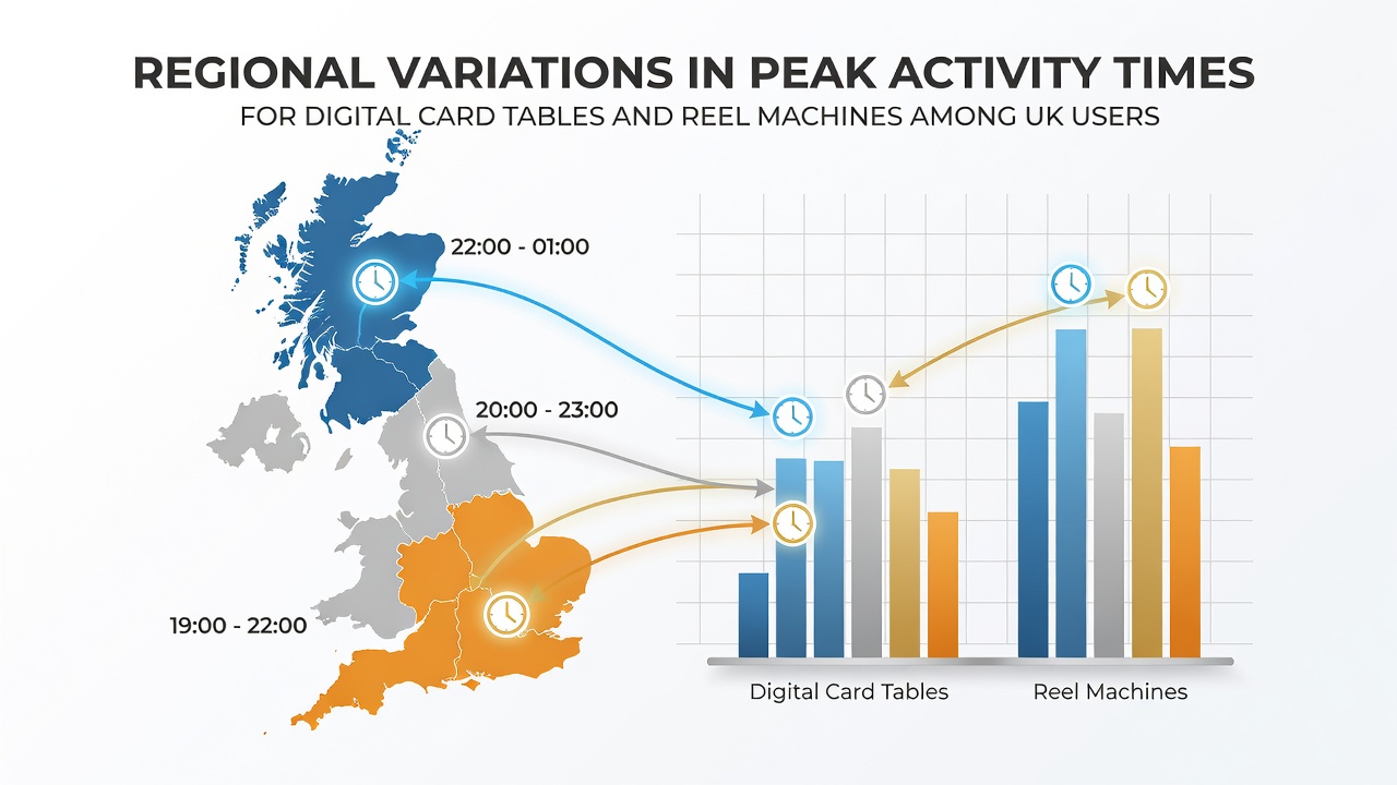 Chart displaying hourly activity peaks by UK region for online gaming platforms