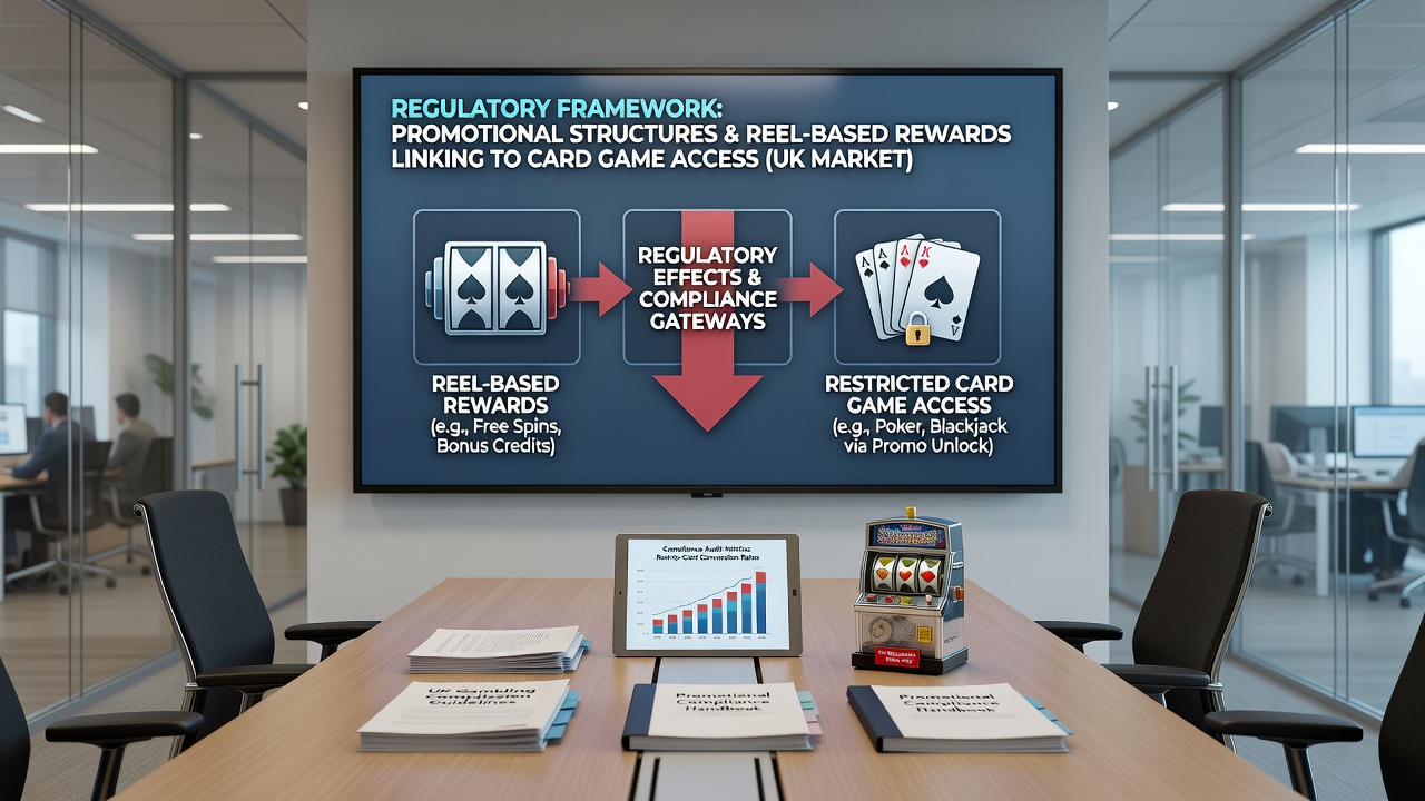 Detailed view of reel rewards connecting to card game entry under regulations