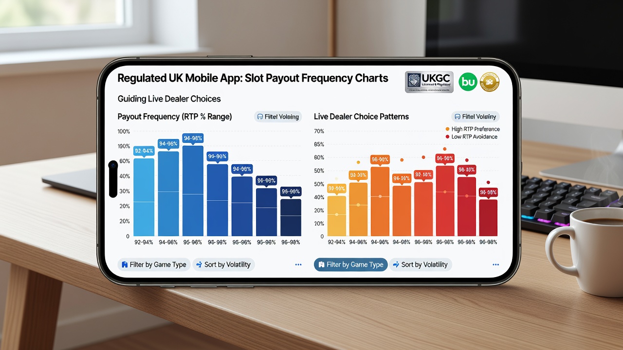 Mobile app screenshot showing live dealer options alongside slot frequency charts and session timer display