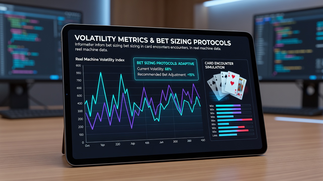 Mobile device displaying synchronized slot volatility data feeding into blackjack bet adjustment screen